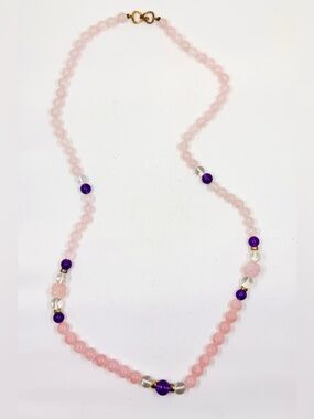 Vintage Natural Rose & Clear Quart & Amethyst Beaded Necklace W/Sterling Clasp